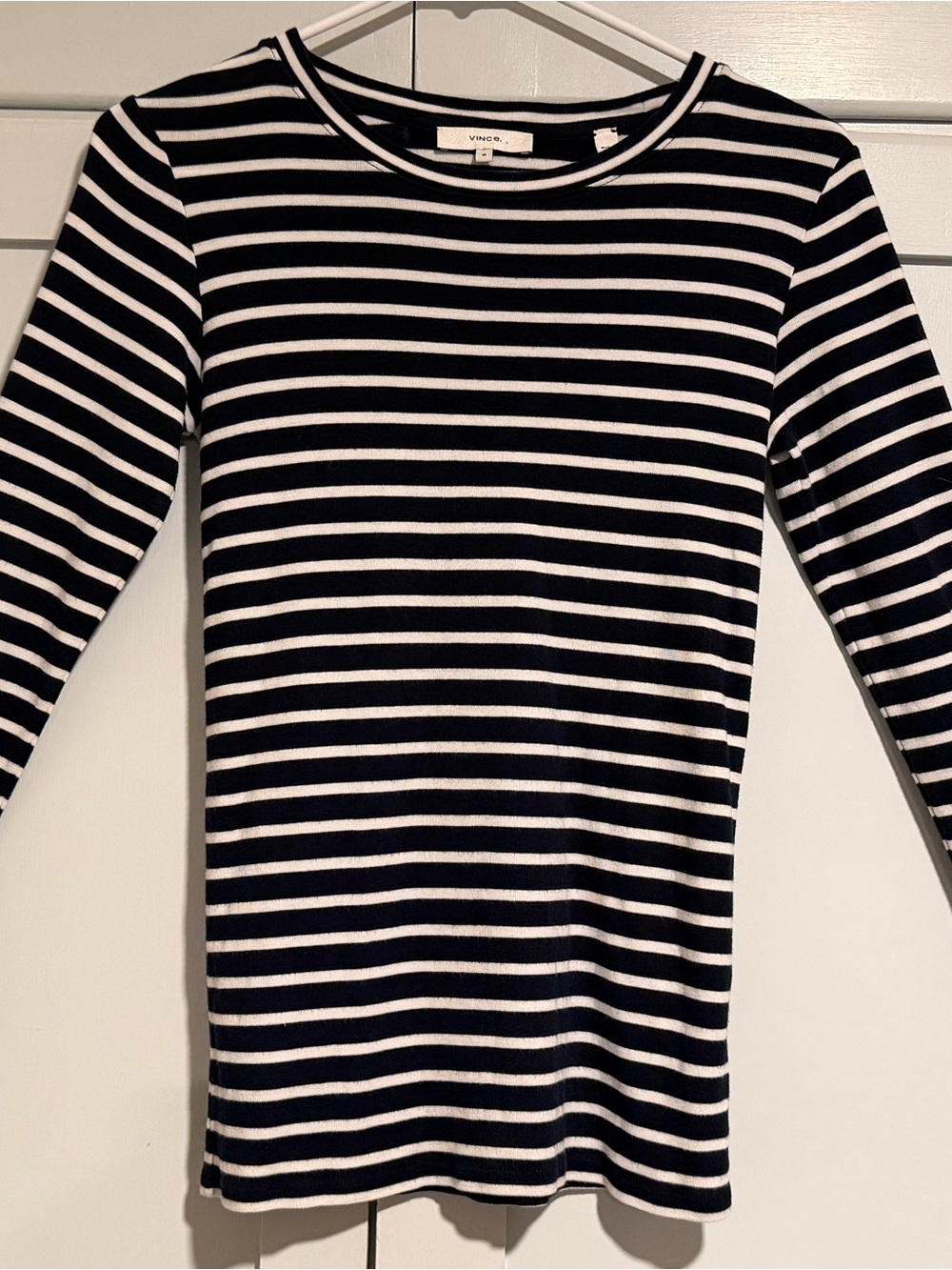 Vince Navy Blue & White Striped Long Sleeve Tee, Size M